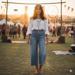 DollFin Y2K High Waist Wide Leg Cropped Denim Jeans Button Fly Medium Gauchos